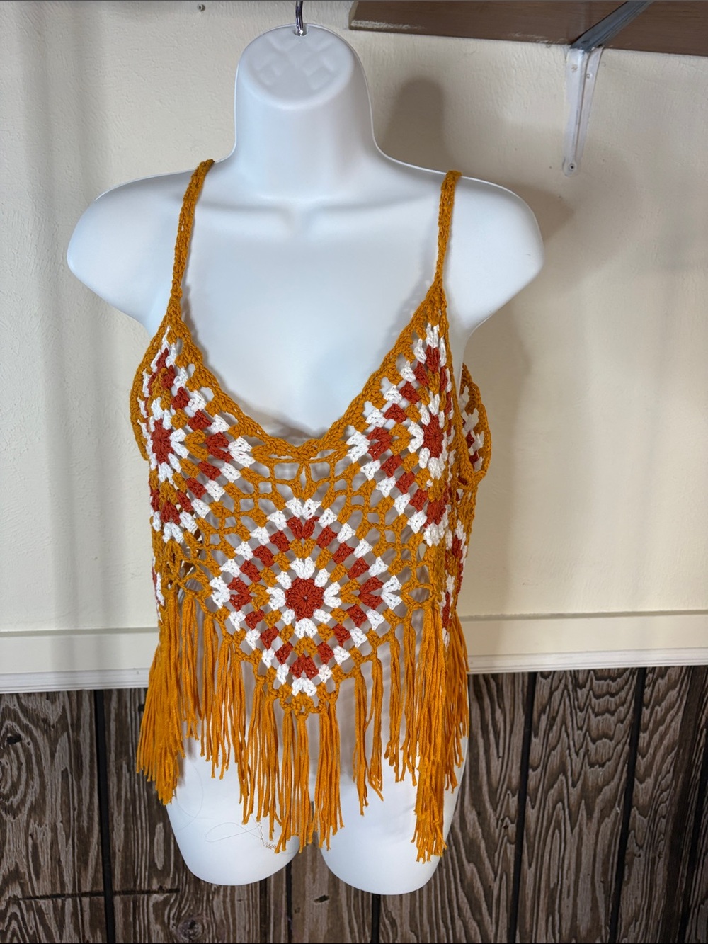 Boho Crochet Fringe Camisole in Mustard, Rust & White